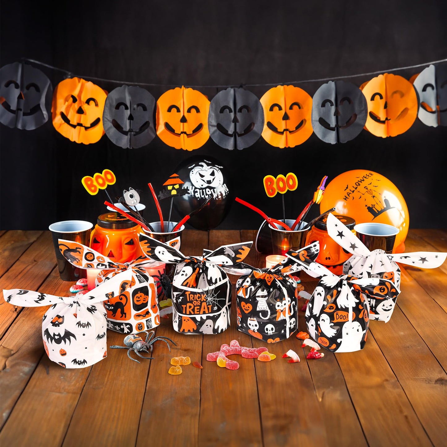 YIHCE Halloween Candy Bags 180 PCS, Cute Rabbit Ear Halloween Treat Bag Bulk, 6 Styles Small Plastic Goodie Bags for Trick or Treat, Pumpkin & Ghost Elements, Party Favor for Party Supplies