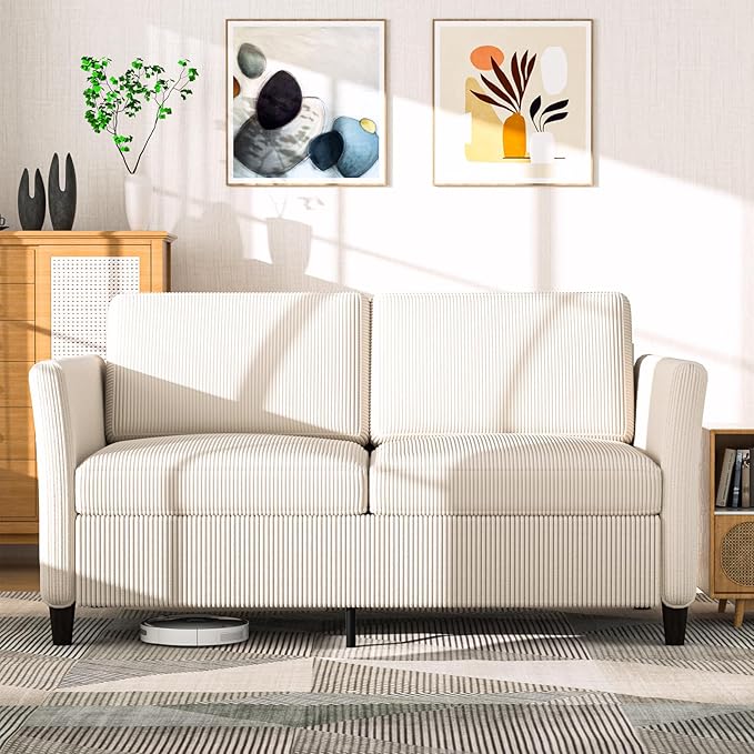 Valthie 60.6" Corduroy Loveseat Sofa, Modern Comfy Couches with Side Pocket, 2-Seater Sofa Couch for Living Room, Bedroom and Small Spaces,Beige