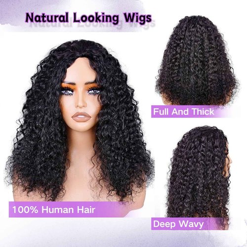 Glimeer Half Wig Human Hair Deep Wave 3 In 1 Drawstring Seamless Filp Over Curly Half Wig 200% Density Wear and Go Glueless Half Wigs for Black Women Natural Color 18 Inch