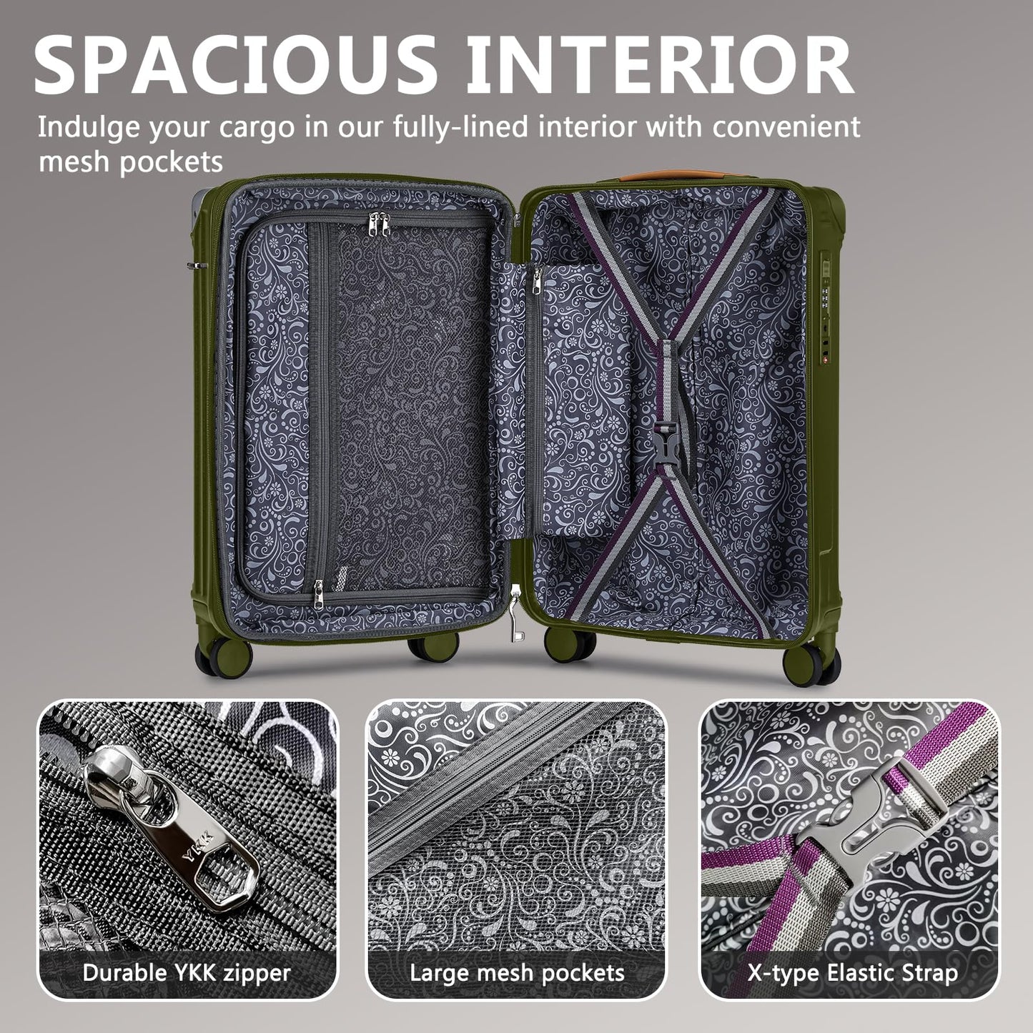 Joyway 20in Carry On Luggage with Cup Holder and USB Port, 25% Expandable Capacity, Smart Suitcase with Anti Slip Wheels and Handbag, Perfect for Men and Women 3 Piece Set DarkGreen