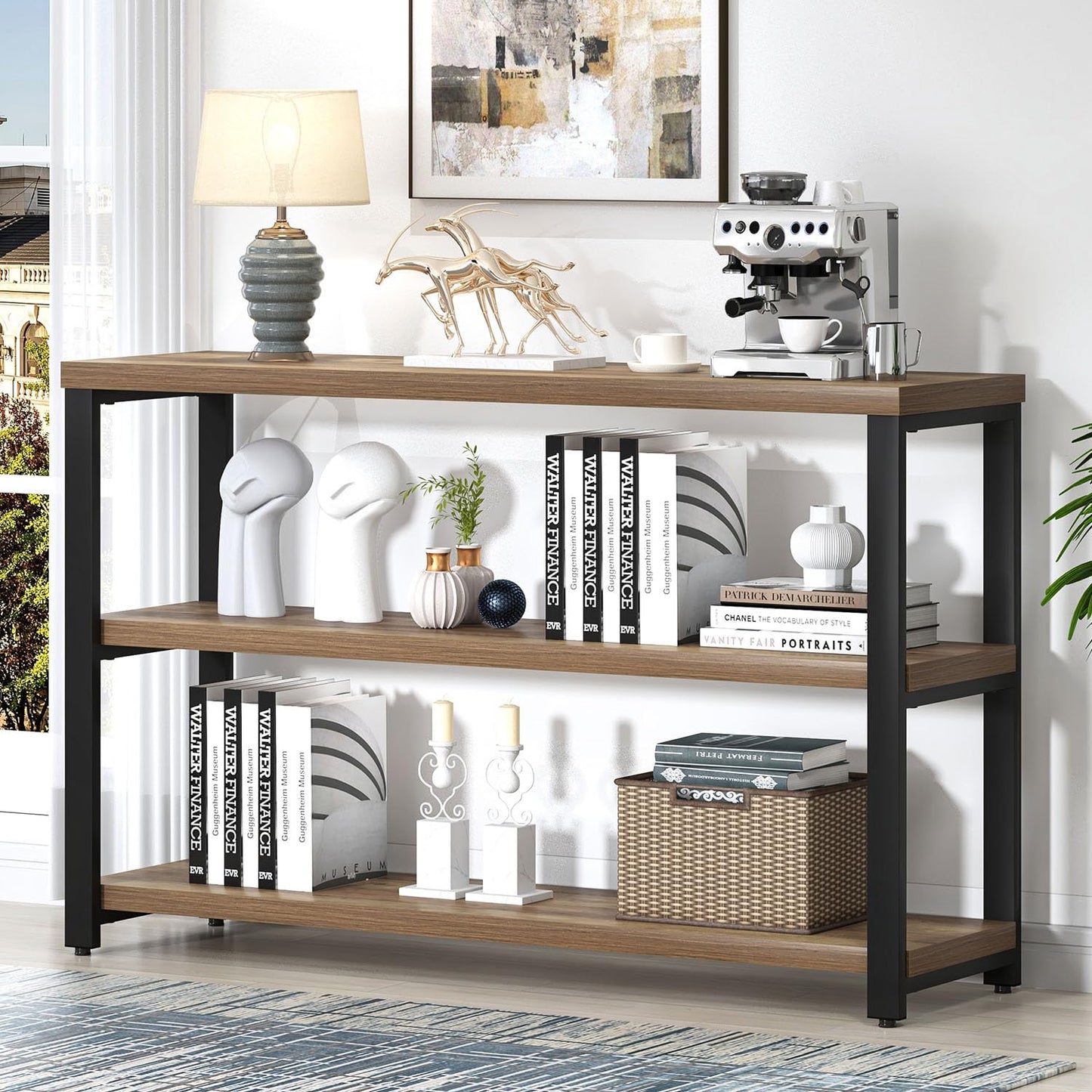 EXCEFUR 47 Inch Rustic Oak Wood Entryway Table, Modern Sofa Table Behind Couch for Living Room, Console Table with 3 Tier Shelves, Foyer Hallway Table with Storage