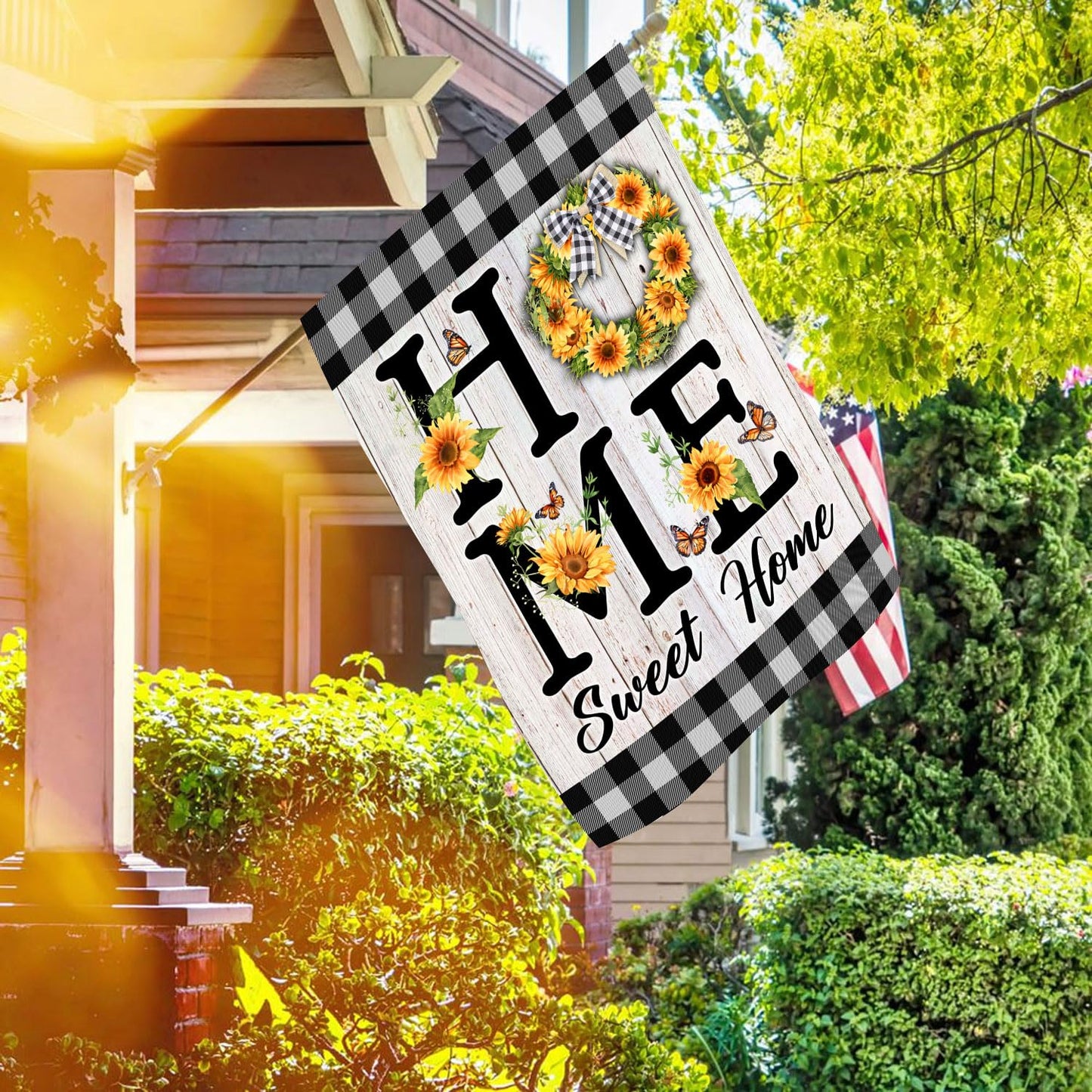 Home Sweet Home Sunflower Flag Double Sided, Summer Plaid Outdoor Decor for Yard, Set of 2 Summers House Flags 28x40 & Garden Flags 12x18 Double sided (House + Garden Flags)