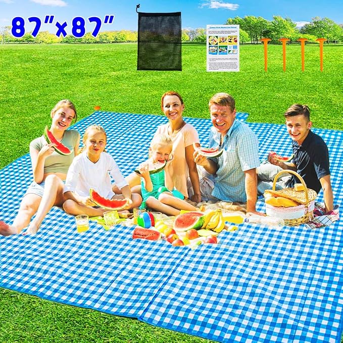 Extra Large Picnic Blanket Waterproof for Outdoors,87"×87" Gingham Blanket Foldable Giant Picnic Mat for Pack Grass Sandpr...