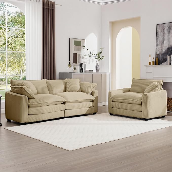 mikibama Luxury 2 Piece Sofa Set, Loveseat Couch & Sofa Armchair Set, Modern Corduroy Comfy Cloud Couches Set for Living Room Office with 2 Armrest Pillows and 3 Toss Pillows, Camel