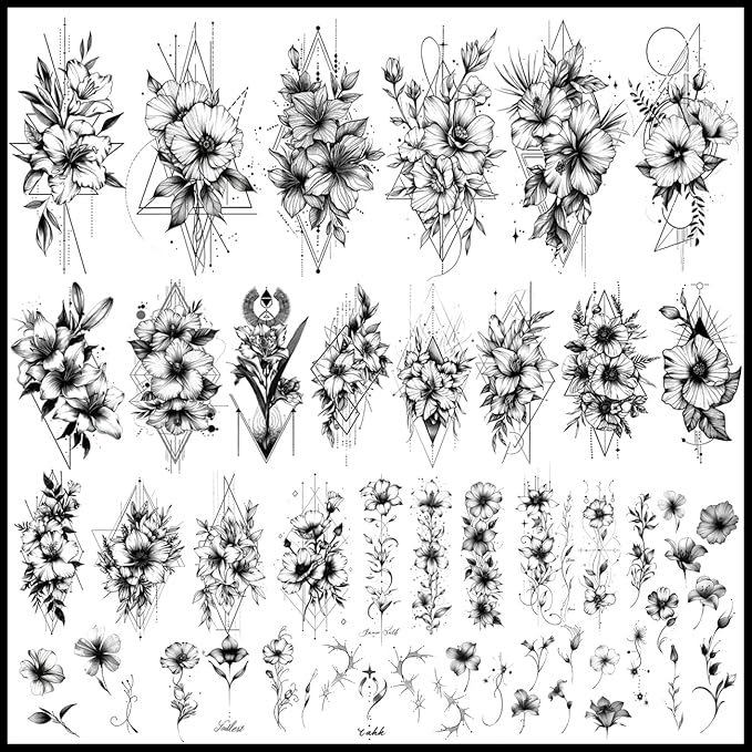 CHARLNET Black Flower Temporary Tattoos for Women - 9 Large Sheets Realistic Flower Lily Tattoos For Women Body Art Arm Chest Legs Shoulder