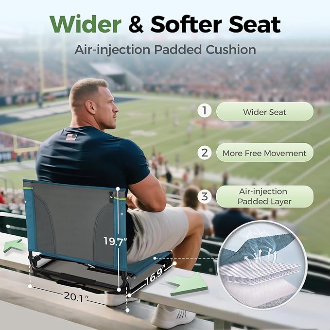 GREEN PARTY Portable Folding Stadium Seats Extra Wide 20.1" Chair for Bleachers Set of 2 with 2 Storage Pockets & Mesh Cup Holder, 600D Oxford Fabric Comfortable Padded Cushion Back Support Blue Grey