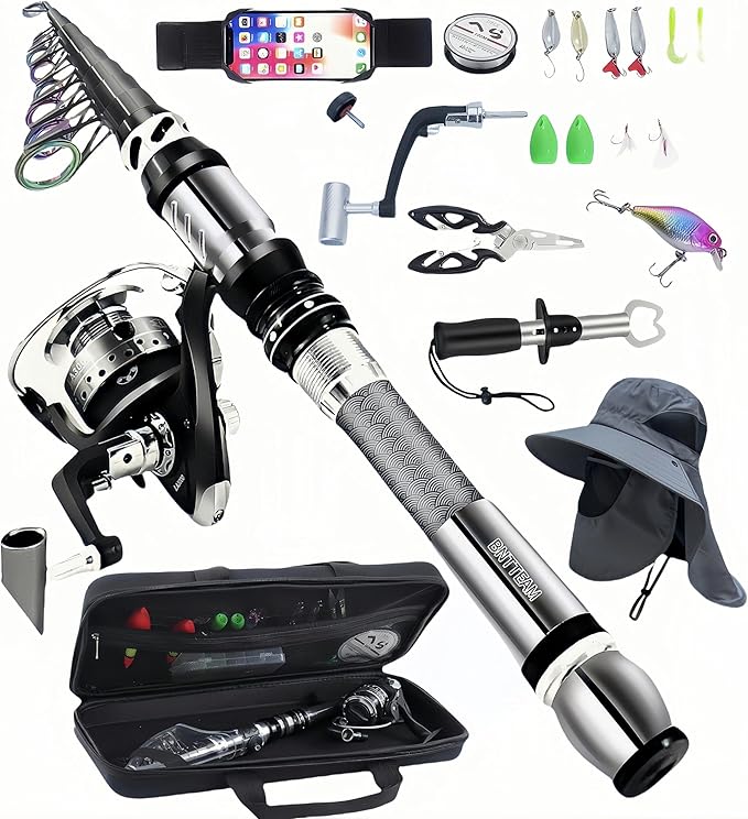 BNTTEAM Portable Fishing Spinning Rod and Reel Combo Set Carbon Fiber Fluorescent Rod Tip, with Fishing Lures Line Carrier...