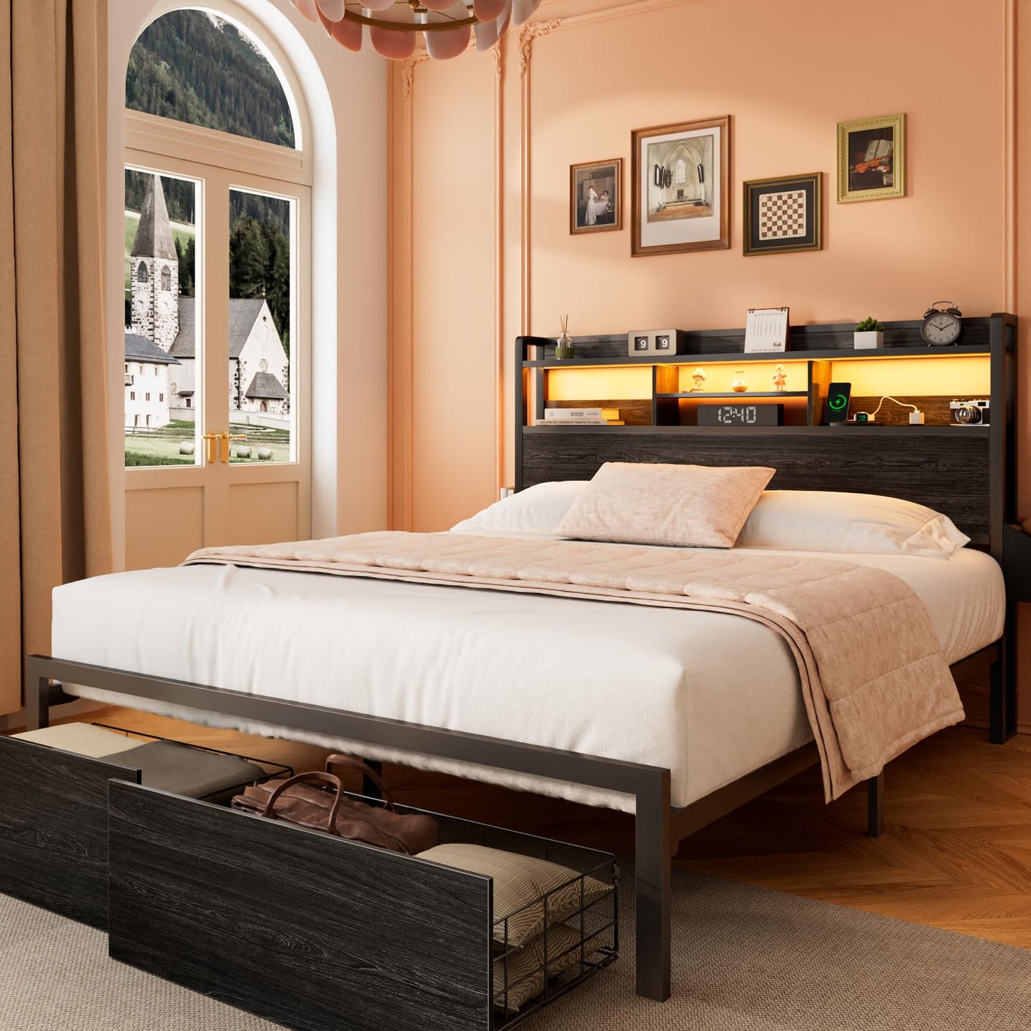 Furnulem Queen Bed Frame with Wood Headboard and Storage Shelf, Metal Platform Bed Frame Queen Size with Storage Drawers, LED Lights and Charging Station, No Box Spring Needed, Noise Free, Black