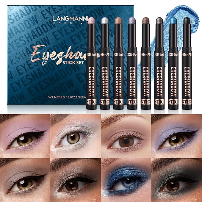 LANGMANNI 8 PCS Pro Kit Eyeshadow Stick Gift Makeup Set,Matte Earth Color+Bright Metal Color Multifunctional Contour Stick,Waterproof & Long-Lasting Eyeshadow (#C)