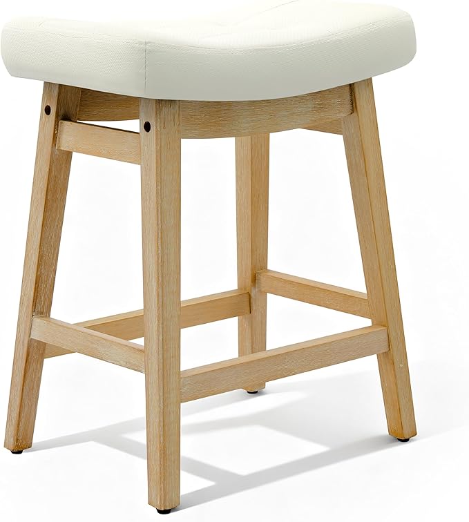 RNKSFX Counter Height Bar Stool for Kitchen Island Modern Barstool with Upholstered Faux Leather Backless Seat and Solid Wood Legs, 24 inch Farmhouse Bar Chair, White