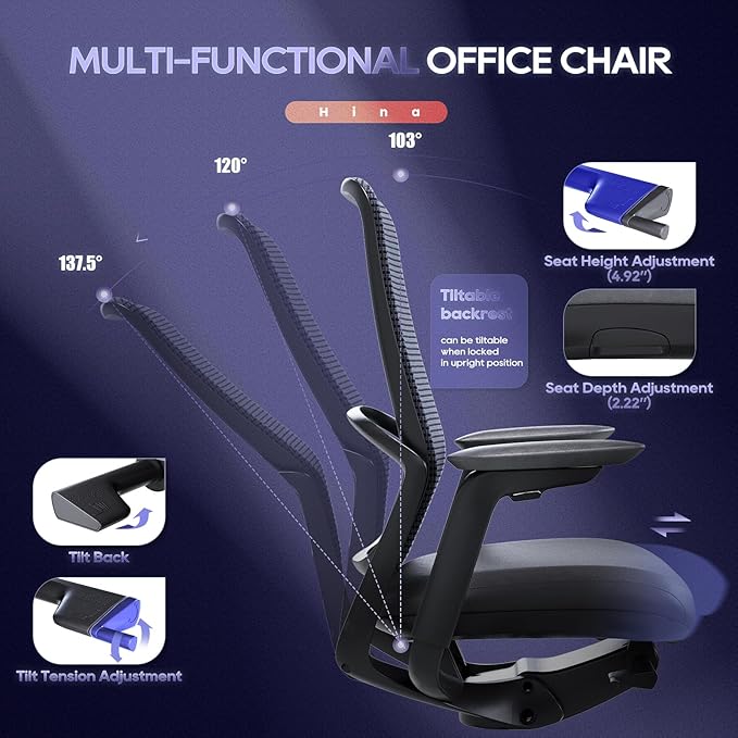 Ergonomic Office Chair, High Back Mesh Desk Chair with Adjustable Lumbar Support, Reclining Backrest, 4D Armrests, Breathable Mesh, Comfortable Computer Chair for Home Office, Work,Study