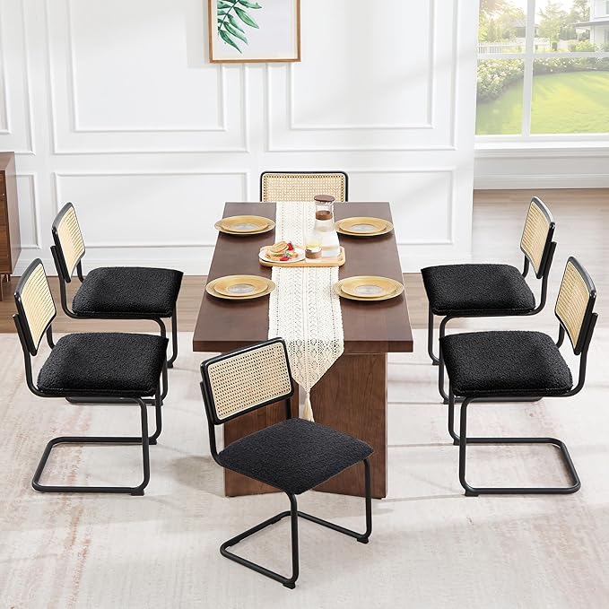 Zesthouse Rattan Dining Chairs Set of 6, Mid Century Modern Dining Chairs with Natural Cane Mesh & Matte Black Base, Black Cesca Chair Boucle Fabric, Farmhouse Kitchen Chair with Solid Wood Frame Back