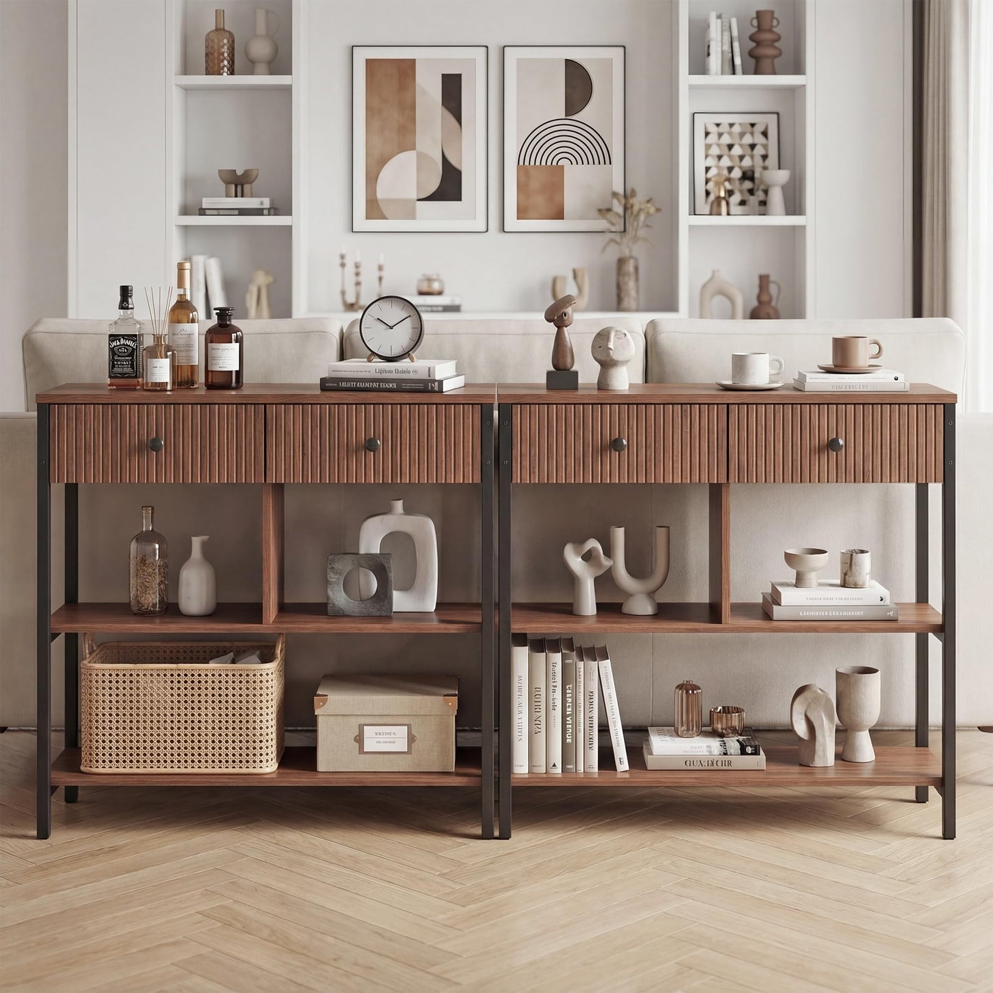 Manora Fluted Console Table with Wooden Drawers, Slim Entryway Table with Open Shelf, Tall Thin Side Table for Couch, Small Sofa Side Table for Hall, Hallway, Bedroom, Living Room, Foyer, Walnut