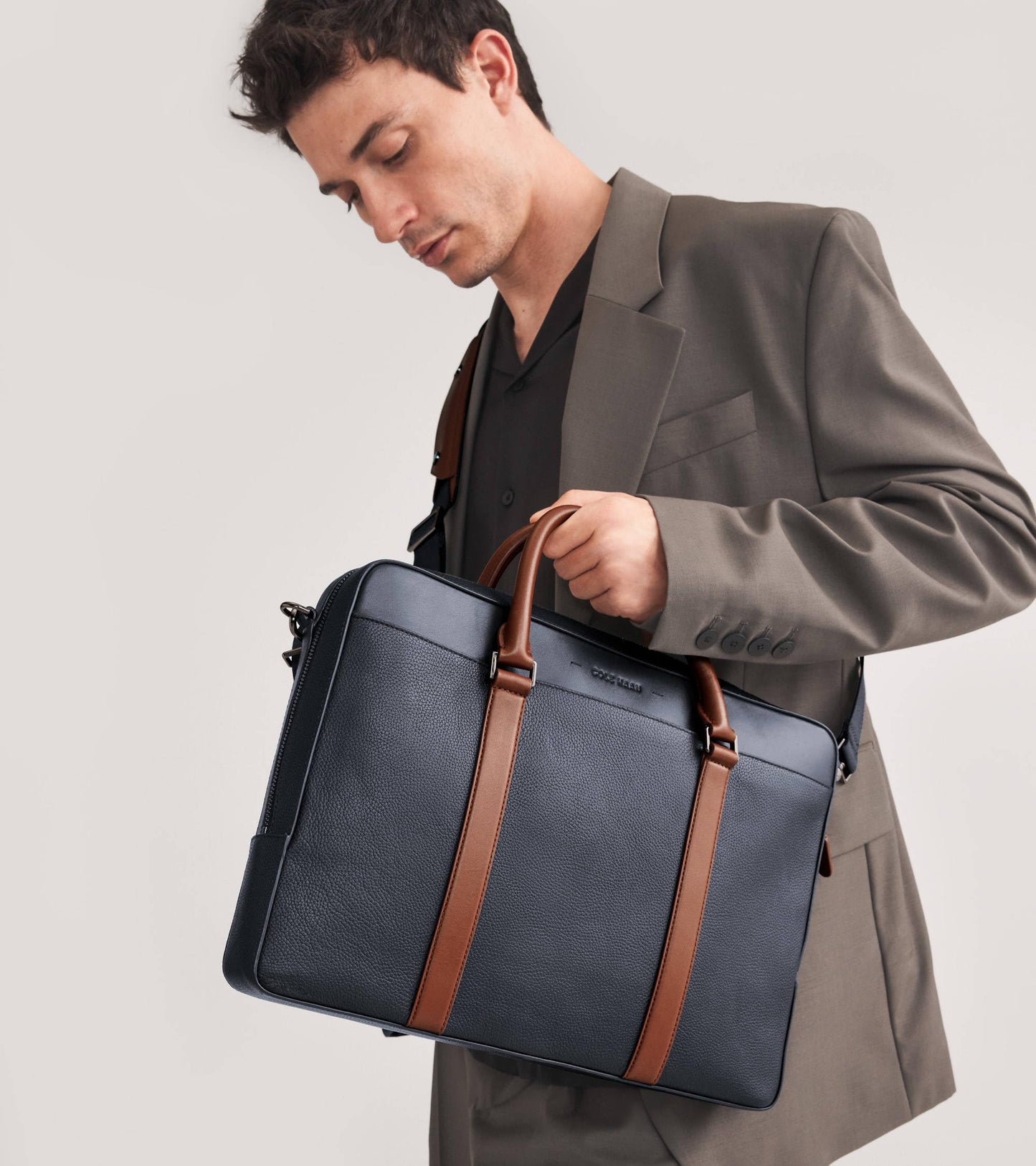Cole Haan Men's Triboro Briefcase, Navy Blazer/New British Tan