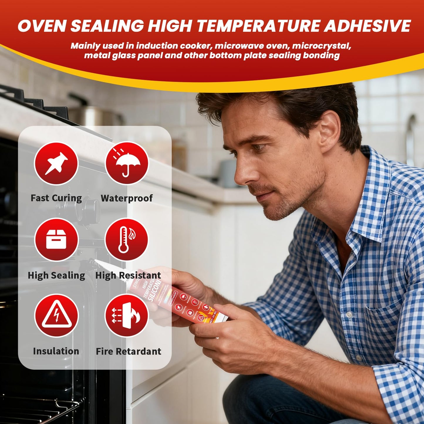 Stnkeno High Temp Silicone Sealant, High Temperature Adhesive, Heat Resistant Glue, Insulation and Waterproof Quick Drying Silicone Adhesive for Ovens Fireplace Microwave, Transparent, 2 Pack, 3.53 OZ