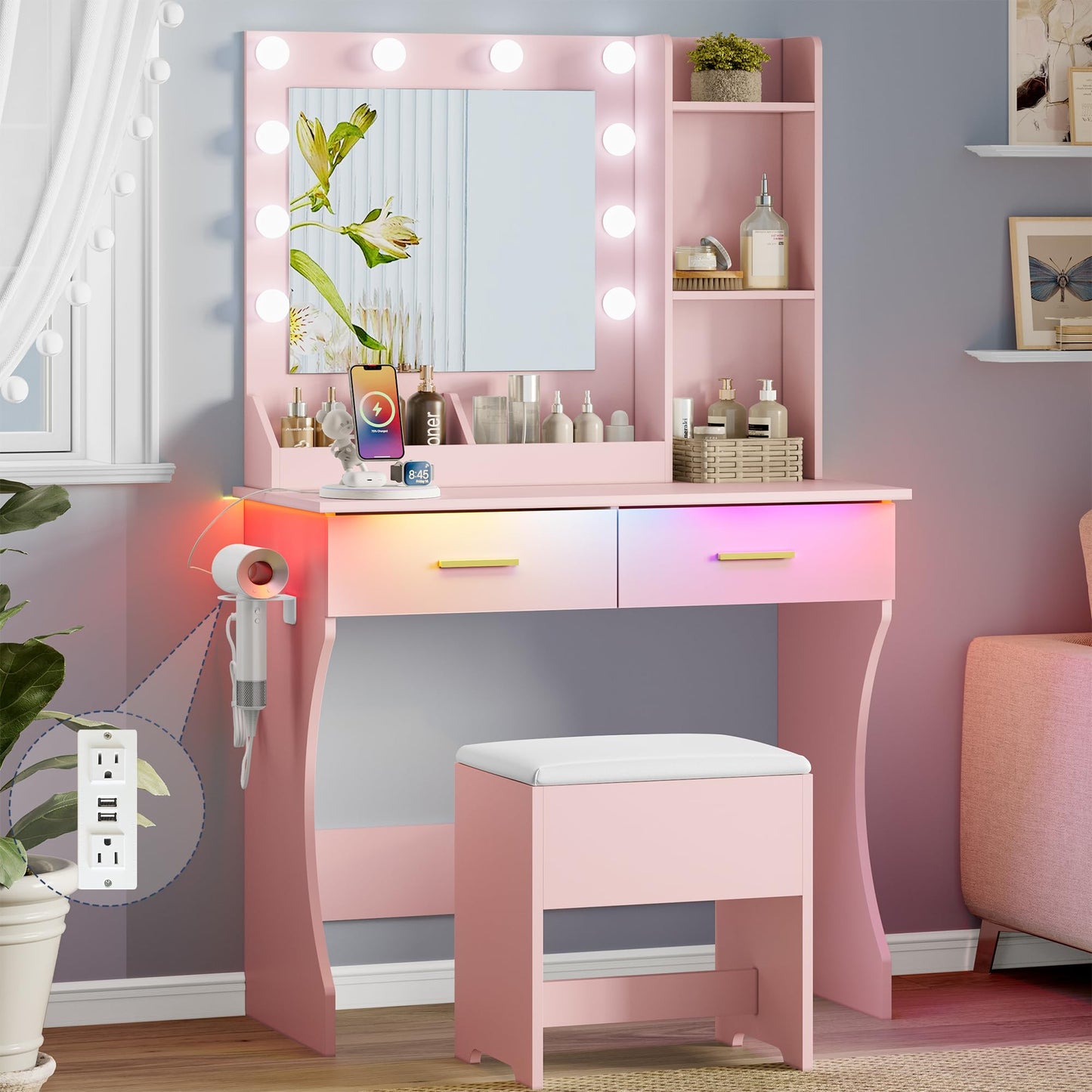 BORNOON Makeup Vanity Desk with Mirror and Lights, Small Makeup Vanity Table Set with Drawers, Power Outlet & Storage Stool, White Vanity with 3 Lighting Modes LED for Women Girls Bedroom