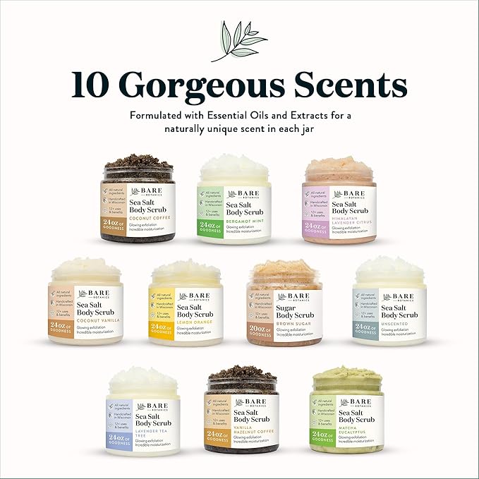 Bare Botanics Vanilla Hazelnut Coffee Body Scrub 24 oz - Naturally Scented Sea Salt Scrub Made in Madison, WI - Formulated w/Skin Loving Moisturizers - Vegan, Cruelty Free w/a Cute Wooden Spoon