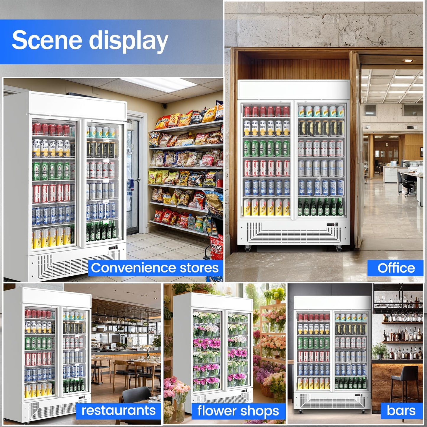 BINGERMA Commercial Merchandiser Display Refrigerator 40 Cu.ft. with 2 Glass Doors ETL Drink Cooler Beverage Fridge for Bars,Restaurants, Convenience Stores, Supermarkets and Offices White