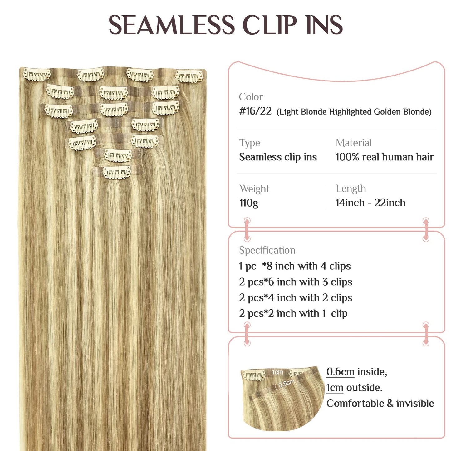 MAXITA Clip in Human Hair Extensions, 110g 7pcs Light Blonde Highlighted Golden Blonde 18 Inch Straight Hair