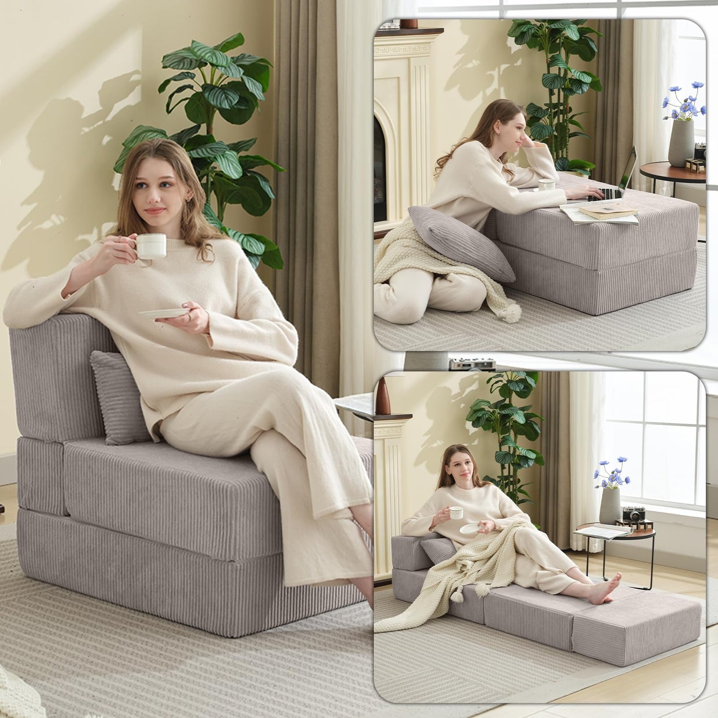 Estevo Folding Sofa Bed,Convertible Fold Out Couch,Portable Foldable Floor Mattress Sleeper Chair with Pillow,Adjustable Backrest Support,Lazy Sofa for Living Room,Single,Light Grey