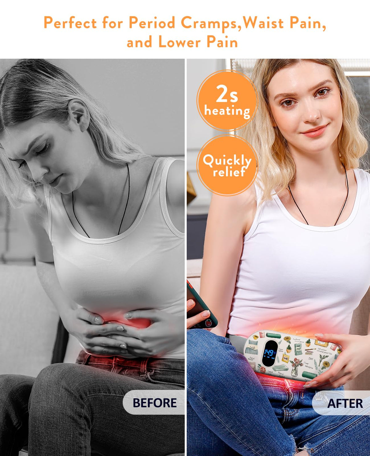 Portable Heating Pad for Period Cramps: Menstrual Heating Pad with Unique Design, Fast Heating Pad with 6 Heat Levels and 6 Massage Modes, Gifts for Her, Women, Teens and Girls