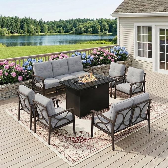 FansaFurn 7-Pieces Outdoor Patio Furniture Set with 43" Fire Pit Table, Metal Outdoor Sectional Furniture with Cushions, Outdoor Conversation Set for Garden, Balcony, Deck, Backyard, Grey