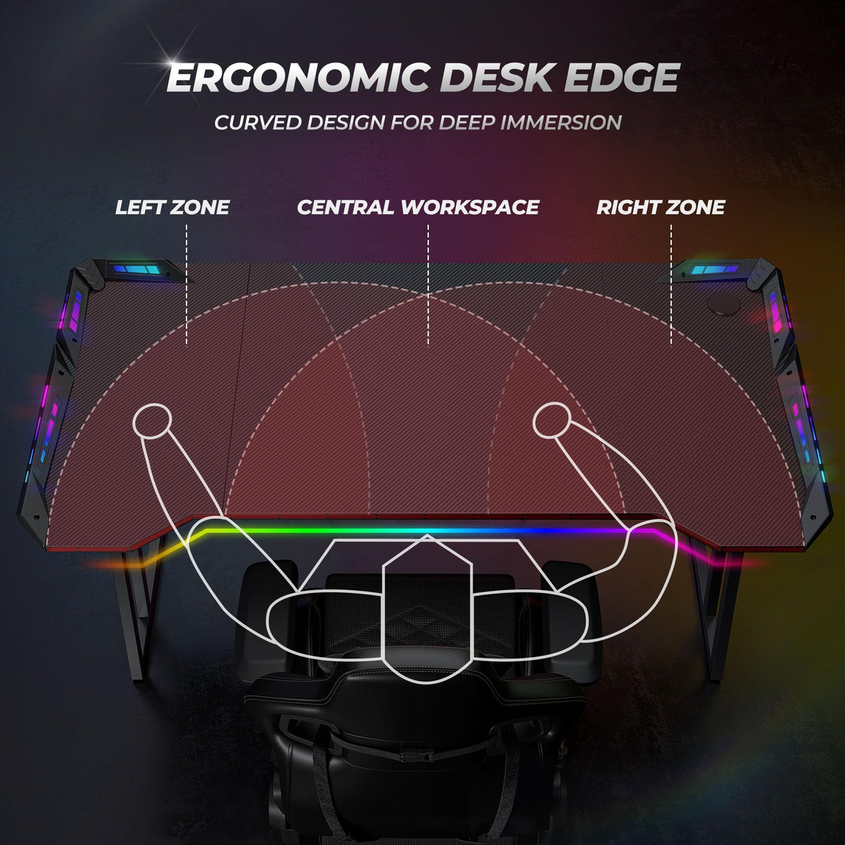 CubiCubi 55 Inch Carbon Fiber Surface Gaming Desk with LED Lights, Z-Shaped Computer Table, Ergonomic Office Desk & PC Workstation with Cable Management, Home Office Desks & Gamer Table, Black