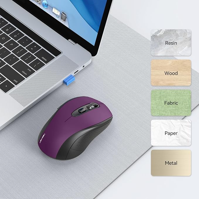 TECKNET Bluetooth Mouse, 4000DPI Wireless Mice for Laptop 2-in-1(BT 5.0/3.0+2.4Ghz) Computer Portable PC Mouse Wireless with USB Receiver for Mac (USB-A+Bluetooth, Purple)