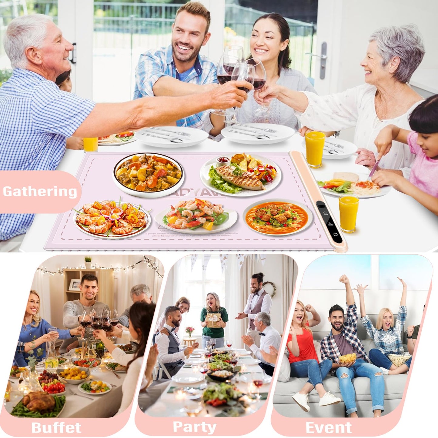 Warming Mat for Food Warmer Heating: Electric Silicone Hot Trays & Warm Buffer Plate 7-Level Temperature Control,Foldable Heat Pad,Keep Dishes Heater,Gift for Kitchen & Party - Rose Quartz