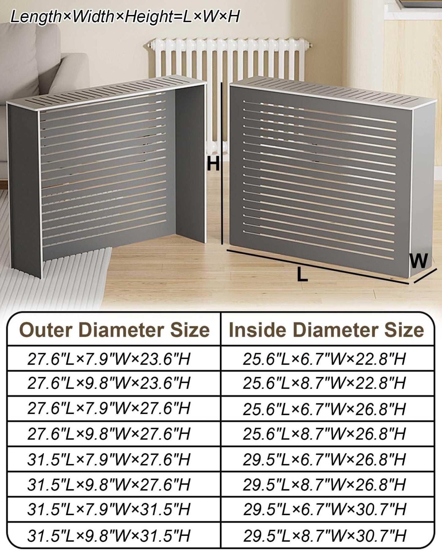 Gray Radiator Cover Louvered Grill Heater Heating Side Stand Cabinet Radiator Covers For Home Wood Heating Cover Storage Organizer Cabinet, Waterproof, Easy To Install(27.6"Lx9.8"Wx23.6"H)
