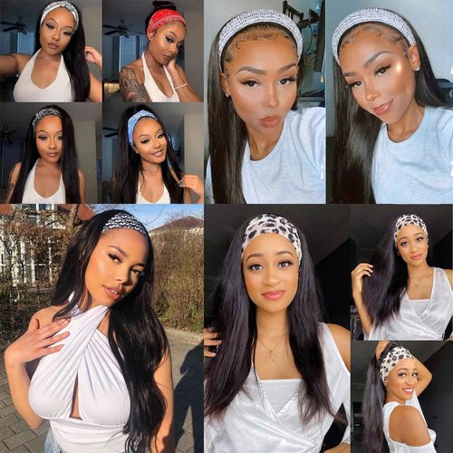 Headband Wig Human Hair Straight Headband Wigs Brazilian Virgin Hair 150% Density None Lace Front Wigs Human Hair Glueless Headband Half Wig for Women Natural Color 22 Inch