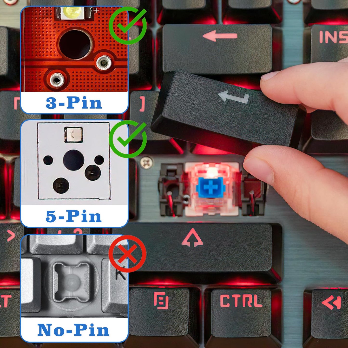 Deftomo 50 Pcs Blue Keyboard Switches, 3-Pin Clicky Tactile Mechanical Keyboard Switches, Complete DIY Replacement Kit with Switch Puller & Brush