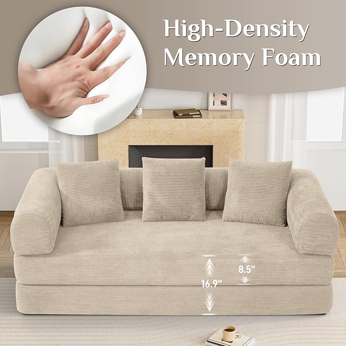 DAMAIFROM Convertible Sleeper Sofa Bed with Cylindrical Pillow, Corduroy Folding Mattress Couch with Fixed-Shape Frame, Modular Floor Sofa Lounge Couch for Living Room Bedroom Lounge, Light Brown