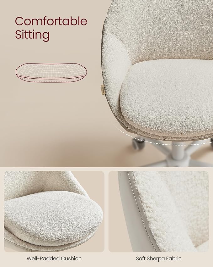 VASAGLE Vanity Chair with Back, Adjustable Swivel Cute Desk Chair with Wheels, Sherpa and PU Leather for Lumbar Support, Compact for Small Spaces, Bedroom, Cappuccino Beige and Cloud White UOBG020W91
