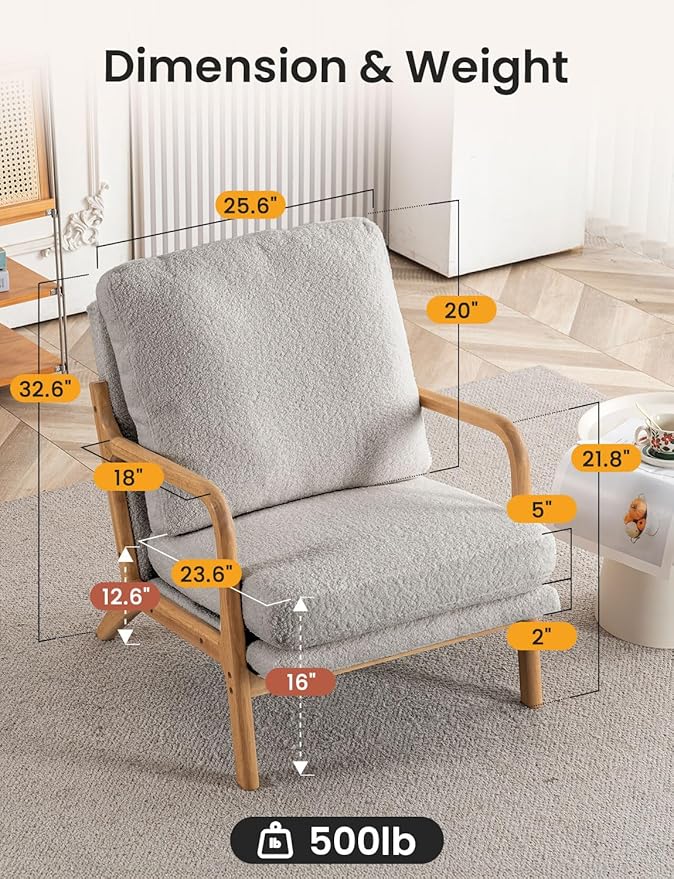 Mid Century Modern Accent Chairs for Living Room, 23” Wide Comfy Chair for Bedroom, Small Cozy Sherpa Reading Chairs for Adults, 108° Lounge Arm Chair Indoor with Detachable Cover, 5.5" Foam Cushion