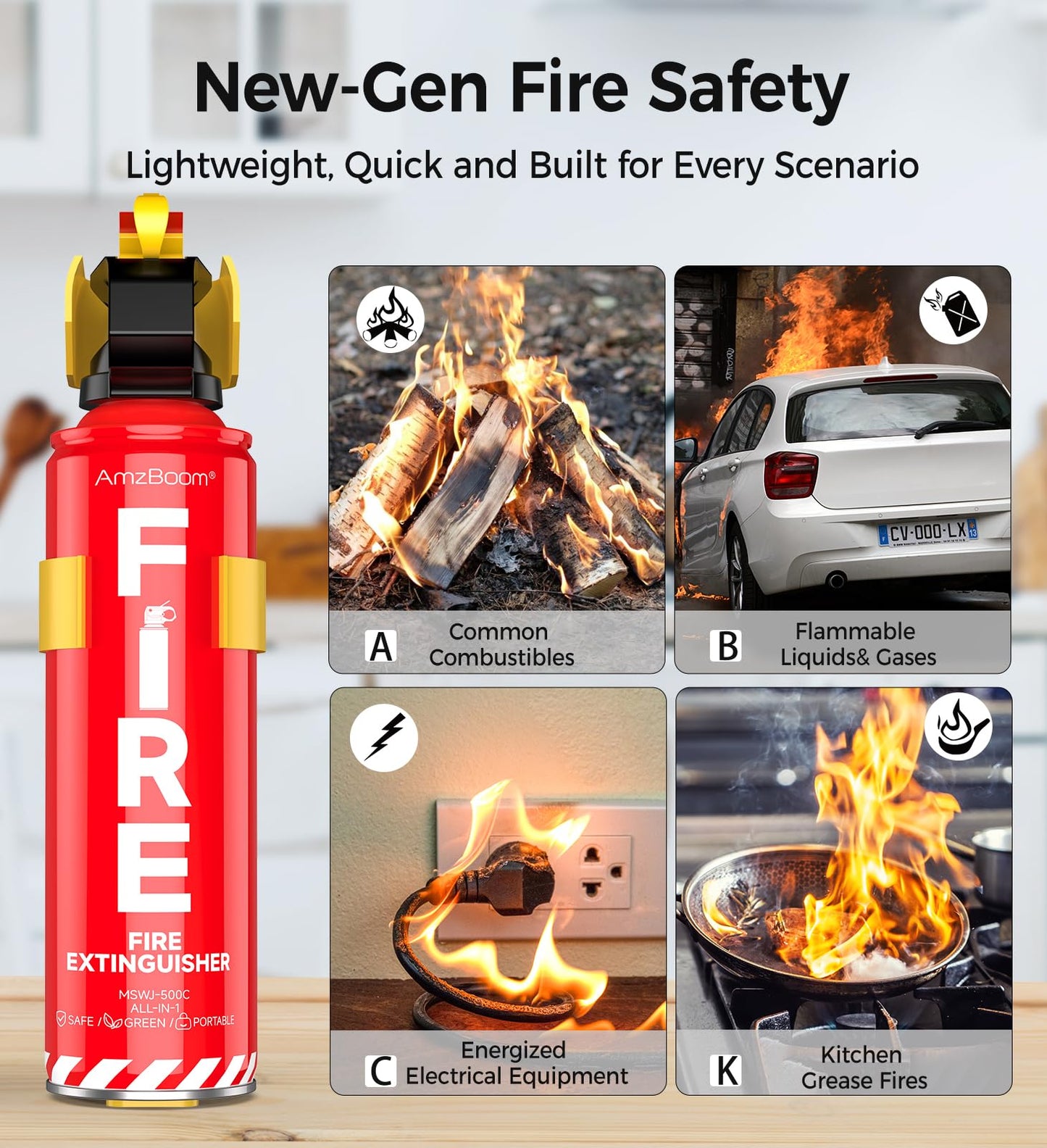 AmzBoom Fire Extinguishers Water-based for Home Kitchen, Car, & Boat 3 Pack–Portable Small Fire Spray with Mounting Brackets–A,B,C,K Multi-Purpose Fire Protection, Eco-Friendly, Compact & Easy to Use.