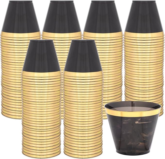 supernal 200 Pcs Gold and Black Plastic Cups-9oz Heavy Duty Plastic Cups,Gold Rimmed Disposable Cups,Disposable Wine Glass...