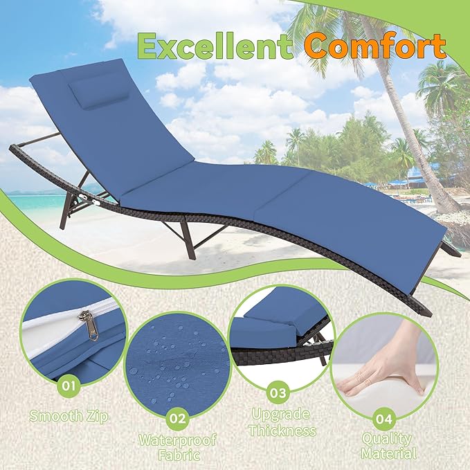 Trumbeak Patio Chaise Lounge Set 3 Pieces Pool Lounge Chairs,Cushioned Outdoor Folding Lounge Chair w/Rattan Adjustable Backrest for Poolside Porch,Folding Table Included,NavyBlue