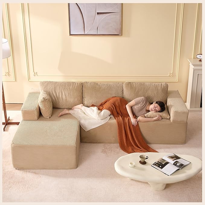 Afuson 107" Boneless Couch with Deep Seat, Modular Sectional Sofa, Cloud Sectional Couch for Living Room, No Assembly Required, Corduroy, L-Shape Left, Camel