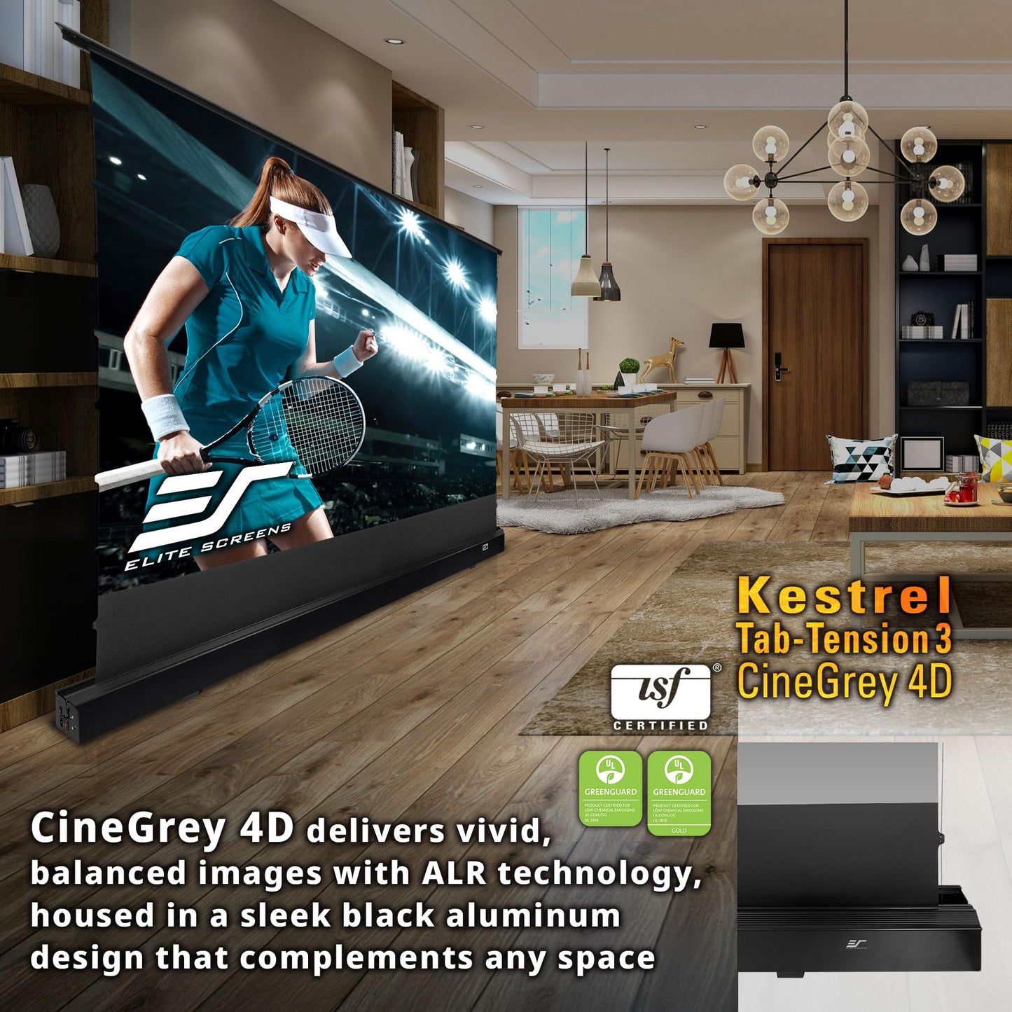 Elite Screens Kestrel Tab-Tension Pro CineGrey 4D, 135" Diag., 16:9 Aspect Ratio, ISF Certified 4K/8K Ultra HD Electric Floor-Rising Motorized Tab-Tensioned Front Projector Screen, FTE135H3-C4D