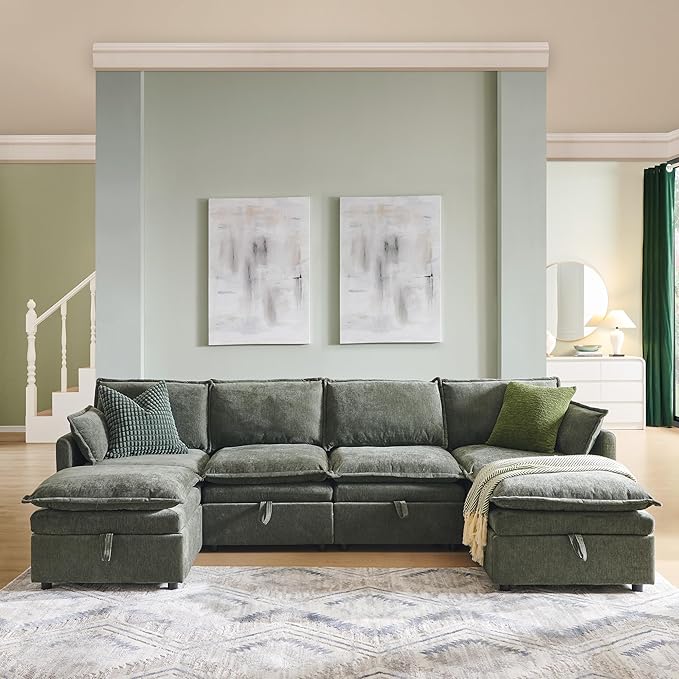 wow97e 116.54" U Shaped Sectional Couches for Living Room, Modern Cloud Couch Sectional with Large Storage, 6-Seat Modular Sectional Sofa with Ottoman and Pillow for Apartment, Bedroom, Green