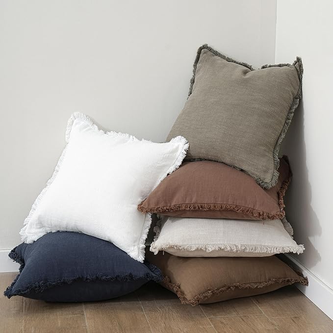 Foindtower Set of 2 Decorative Linen Fringe Throw Pillow Covers Cozy Boho Farmhouse Cushion Cover with Tassels Soft Accent Pillowcase for Couch Sofa Bed Living Room Home Decor, 22×22 Inch, Navy Blue