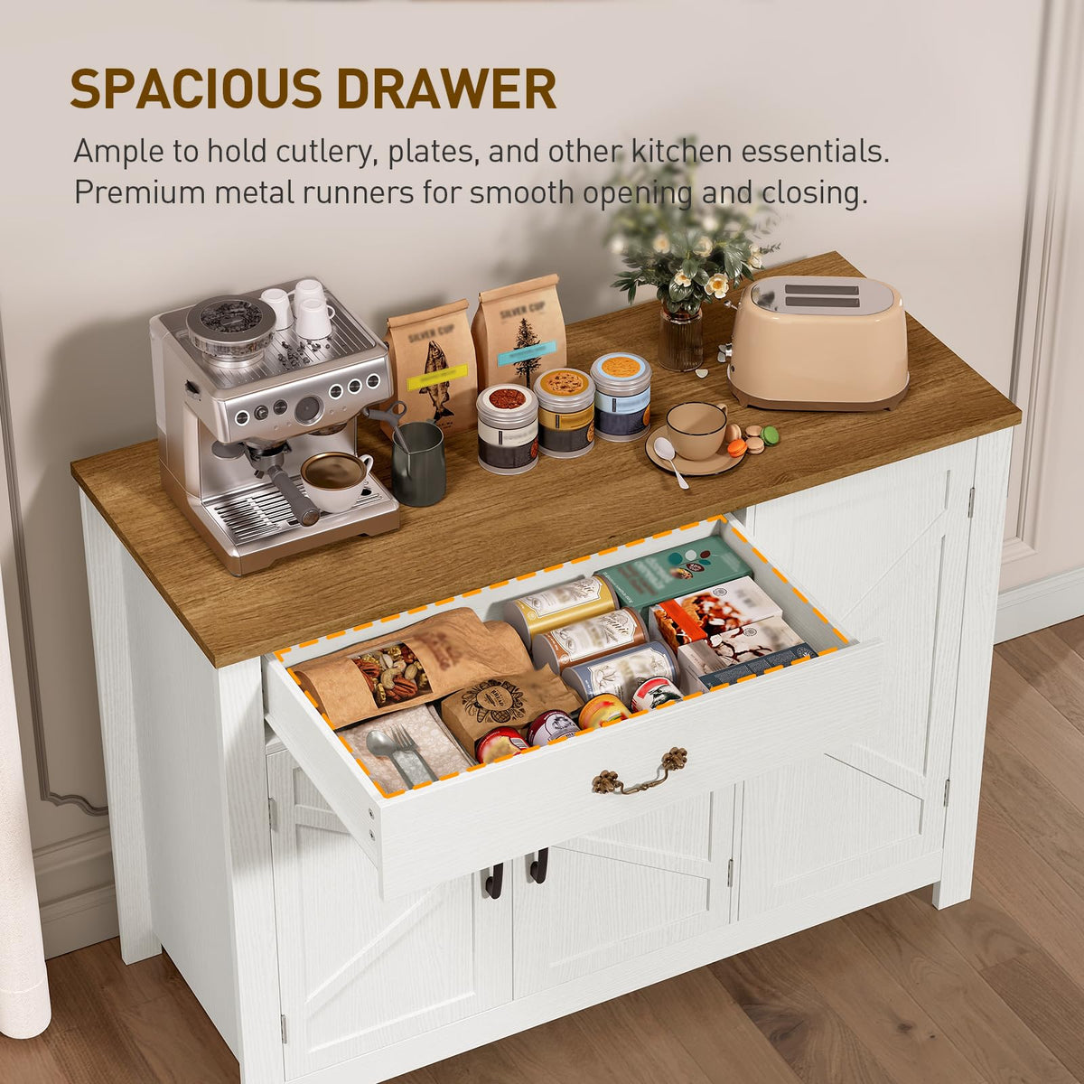RALGEND Farmhouse Sideboard Buffet, 43” Kitchen Storage Cabinet with Drawer, Buffet Cabinet with Storage, Coffee Bar Station with Adjustable Shelves, for Kitchen, Entryway, White and Walnut