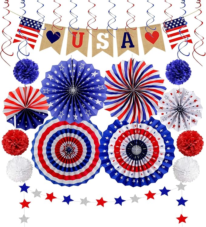 26Pcs Patriotic Decorations 4th of July Decorations LOVE USA Banner Red White Blue Paper Fans Star Streamer Pom Poms Hangi...
