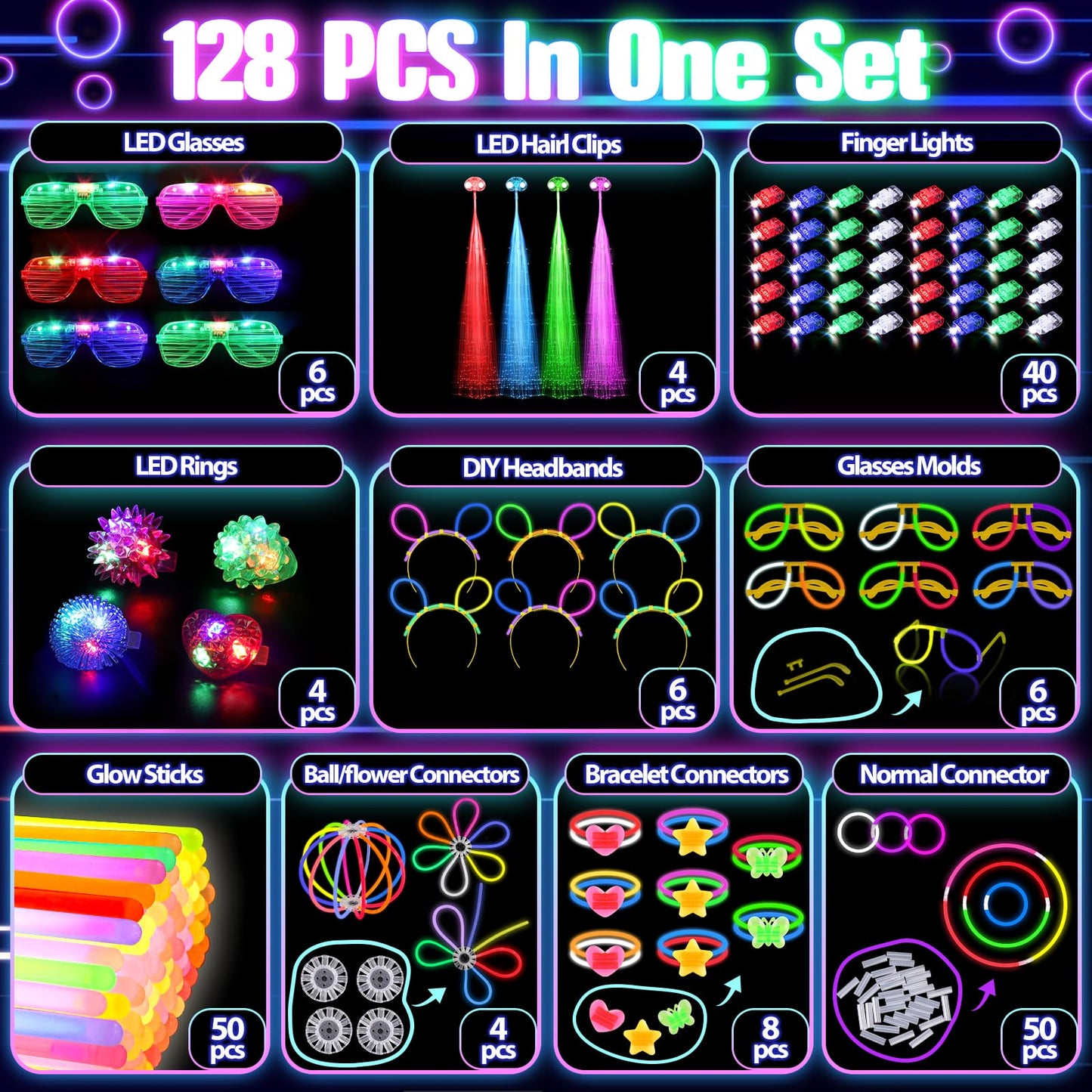 Glow in the Dark Party Supplies for Kids Adults, 128PCS Light Up Party Favors with LED Glasses, LED Hair Clips,Finger Lights, Rings, Glow Sticks, Neon Bracelets Headbands Molds for Halloween Raves