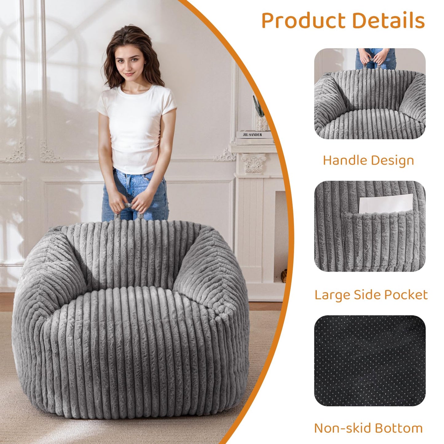 BYBYME Giant Bean Bag Chair for Adults and Kids, Large Comfy Cozy Beanbag, Floor Sofa for Teens, Living Room, Gaming, Reading, Grey