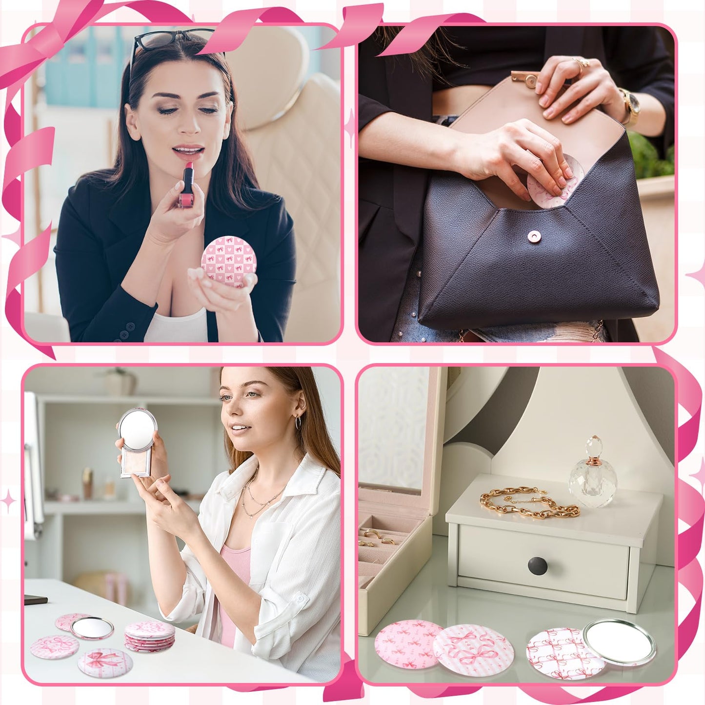 Geelin 24 Pcs Pink Compact Mirror Bulk Coquette Portable Aesthetic Mini Mirror Bulk Pink Bow Party Favors for Purse Pocket Trave