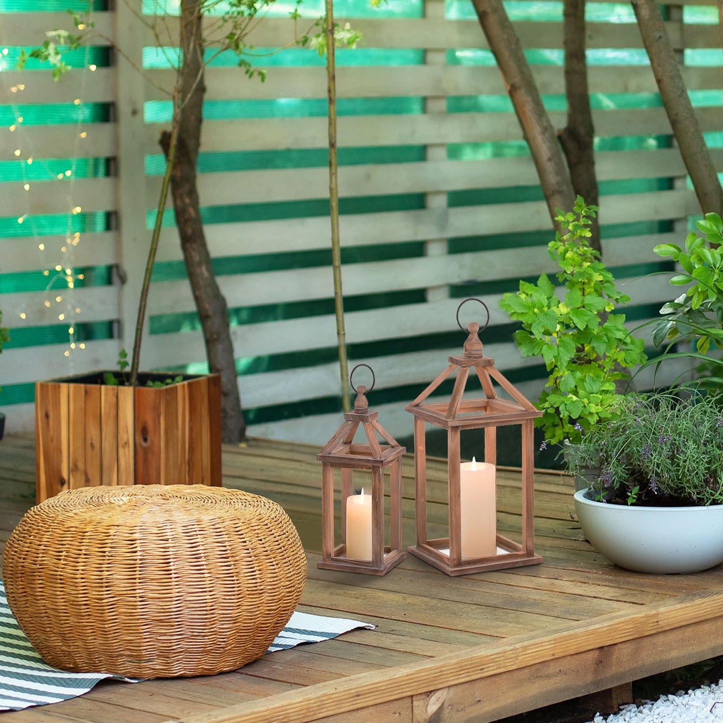 Staymoment Wooden Lanterns Decorative Indoor Set of 2: Hanging Farmhouse Lantern Candle Holder for Table Centerpiece Fireplace Mantle Shelf Home Decor Wedding Decoration