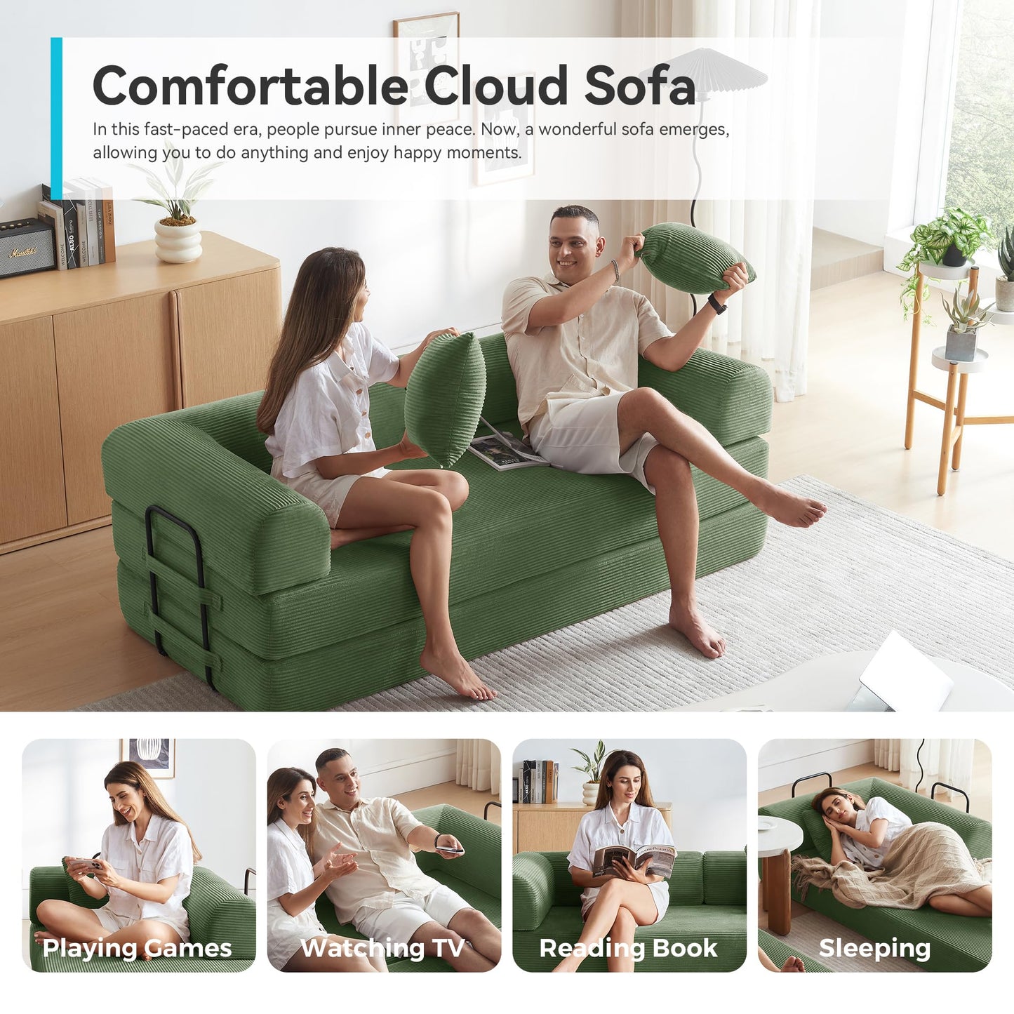QQR Convertible Floor Sofa Bed with Fixed-Shape Frame, King Size Floor Sleeper 5-in-1 DIY Combination Modular Sofa, Modular Chenille Folding Mattress Couch for Living Room Bedroom Playroom (Green)