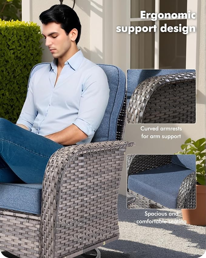 CAODOC 3-Piece Swivel Rocking Rattan Chair Outdoor, Patio Bistro Furniture Conversation Set, Wicker Chair with Coffee Table Blue